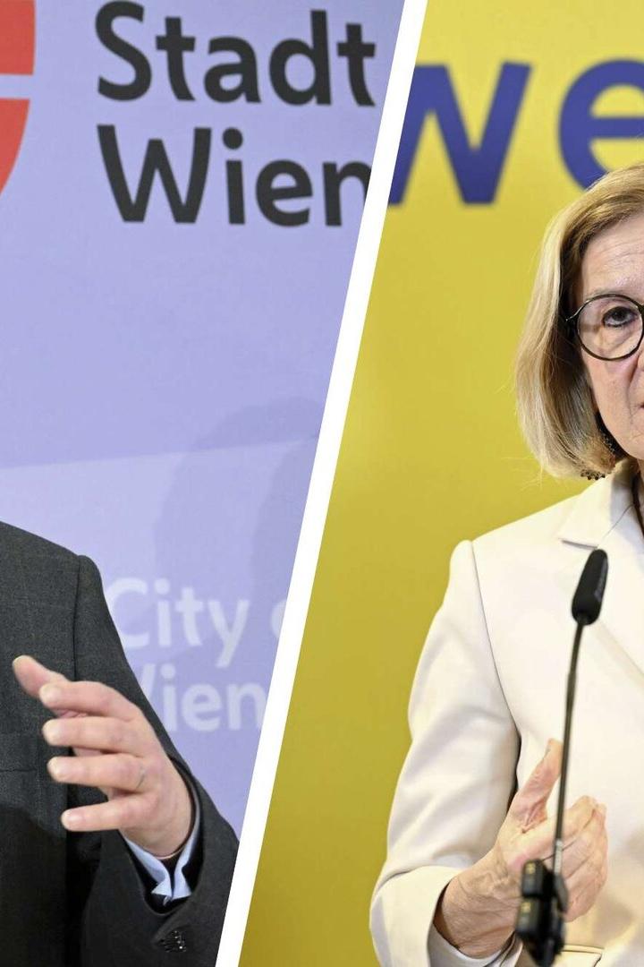 Peter Hacker und Johanne-Mikl-Leitner sprechen jeweils vor Mikrofonen, beide tragen Brillen und helle Sakkos, hinter ihnen farbige Hintergründe mit Schrift.