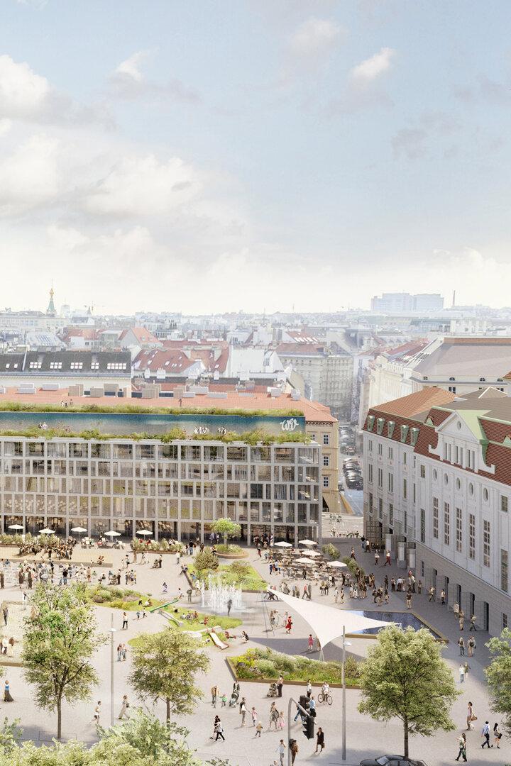 Heumarkt-Visualisierung mit Menschen, Bäumen und Gebäuden erstreckt sich vor einer Stadtkulisse.