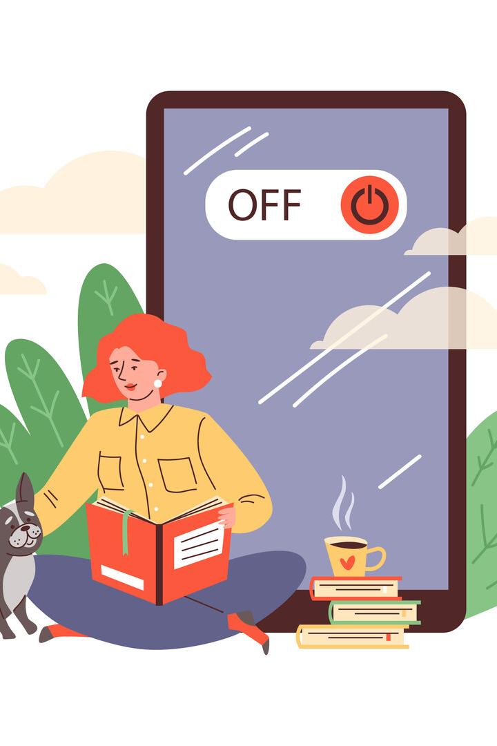 Grafik die eine Frau mit Buch und Hund und Kaffee zeigt, dahinter ein riesiges Handy, auf dem Off steht