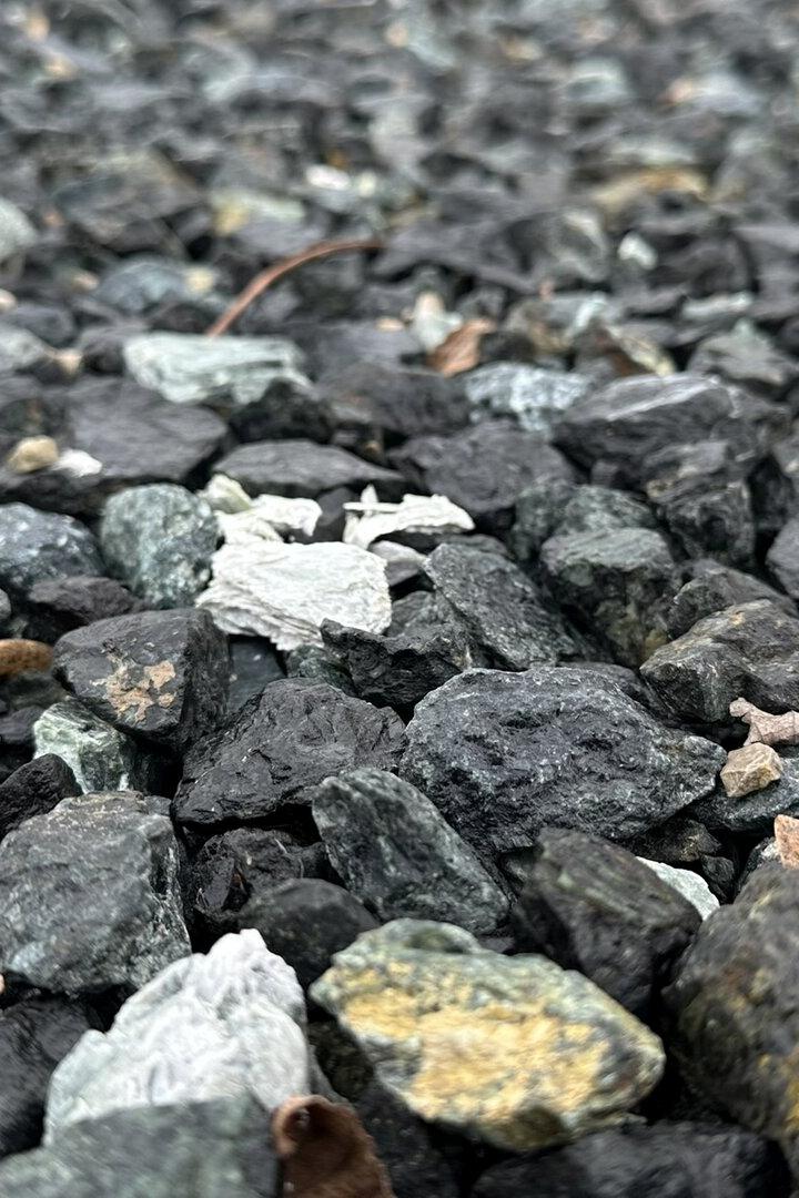 Viele kleine, unterschiedlich gefärbte Steine liegen dicht nebeneinander auf dem Boden.