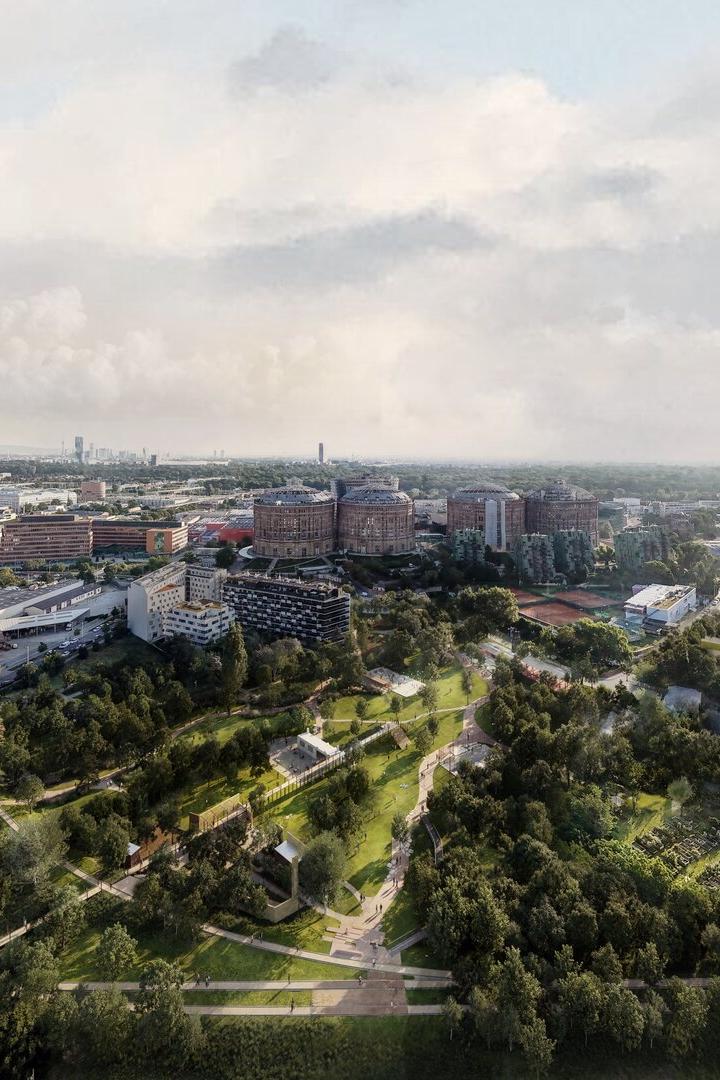 Grünflächen das Gasometervorfelds im Wiener Bezirk Simmering