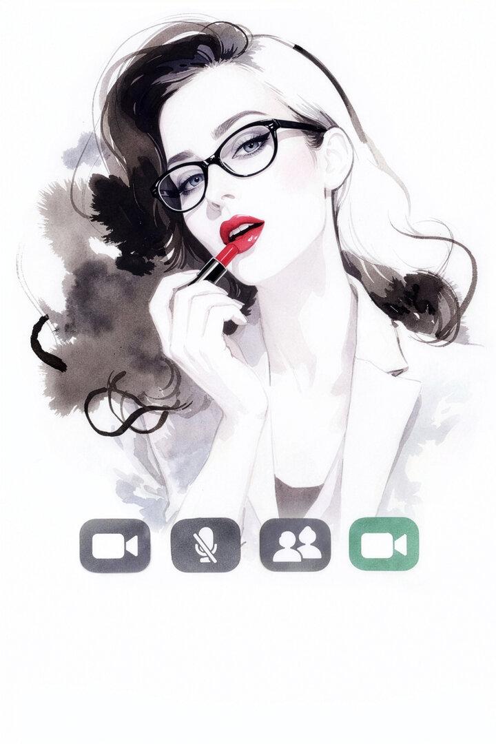 Eine Frau mit Brille und rotem Lippenstift schminkt sich vor einem Videoanruf.