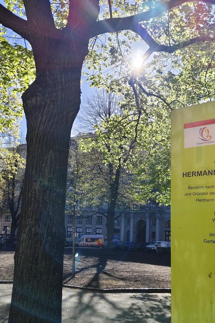 Park in Wien mit der Tafel mit der Aufschrift Hermann-Gmeiner-Park, der jetzt umbenannt wird.