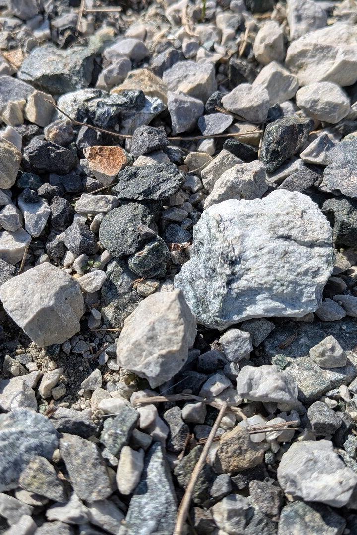 Viele kleine, unterschiedlich geformte Steine in verschiedenen Grautönen liegen dicht nebeneinander auf dem Boden.