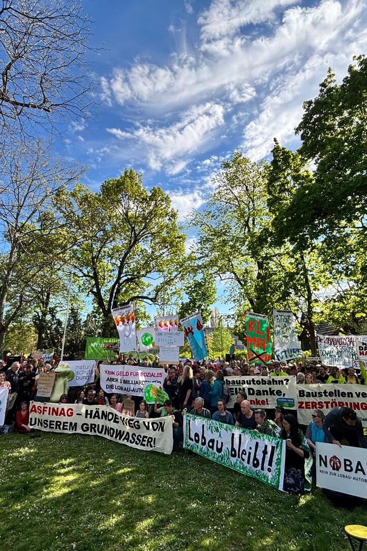 Demonstranten mit Plakaten in einem Park. 