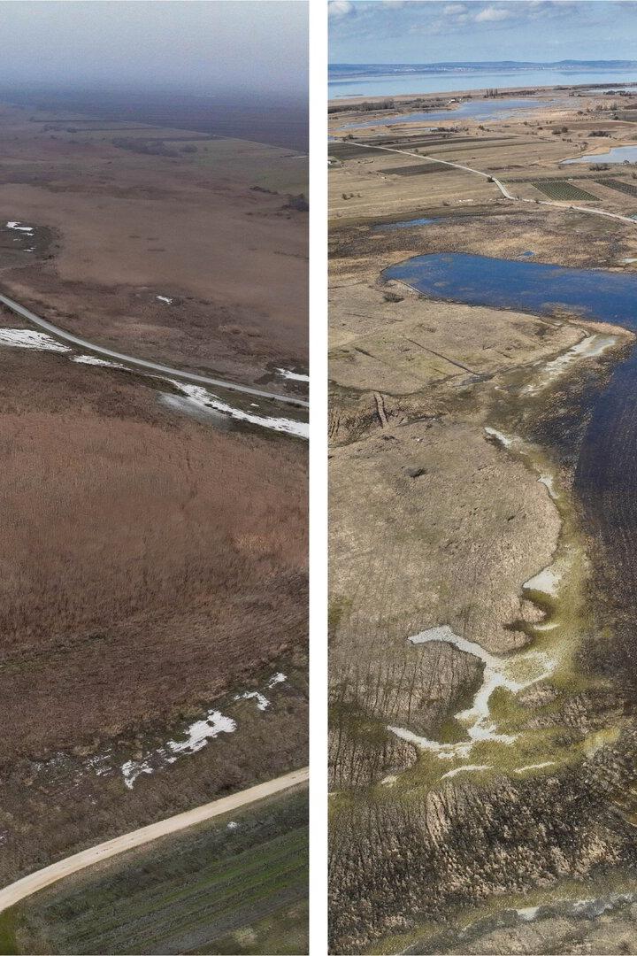 Zwei Luftaufnahmen einer Landschaft mit Feldern, Wegen und Wasserflächen, links im Winter, rechts nach einer Überschwemmung.
