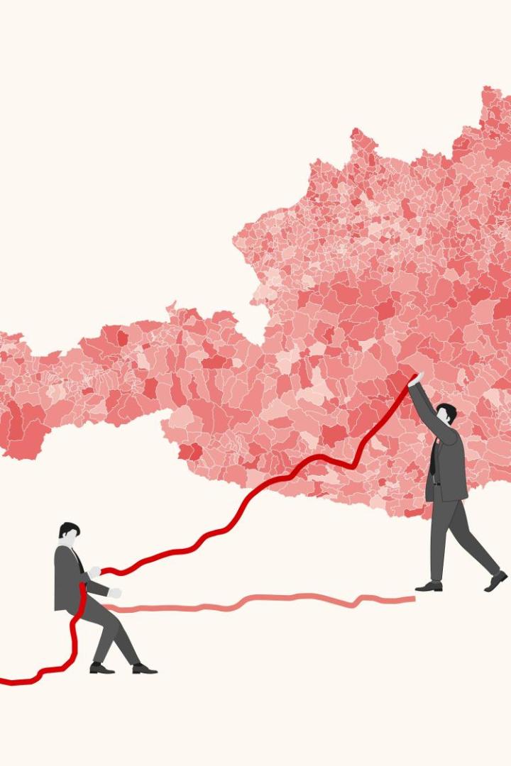 Zu sehen ist eine Österreich-Karte, die vermessen wird.