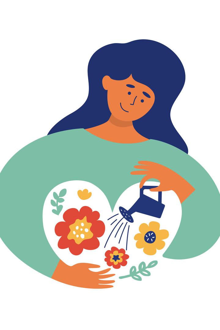 Vector illustration of self love with young woman irrigating and growing flowers in inner garden