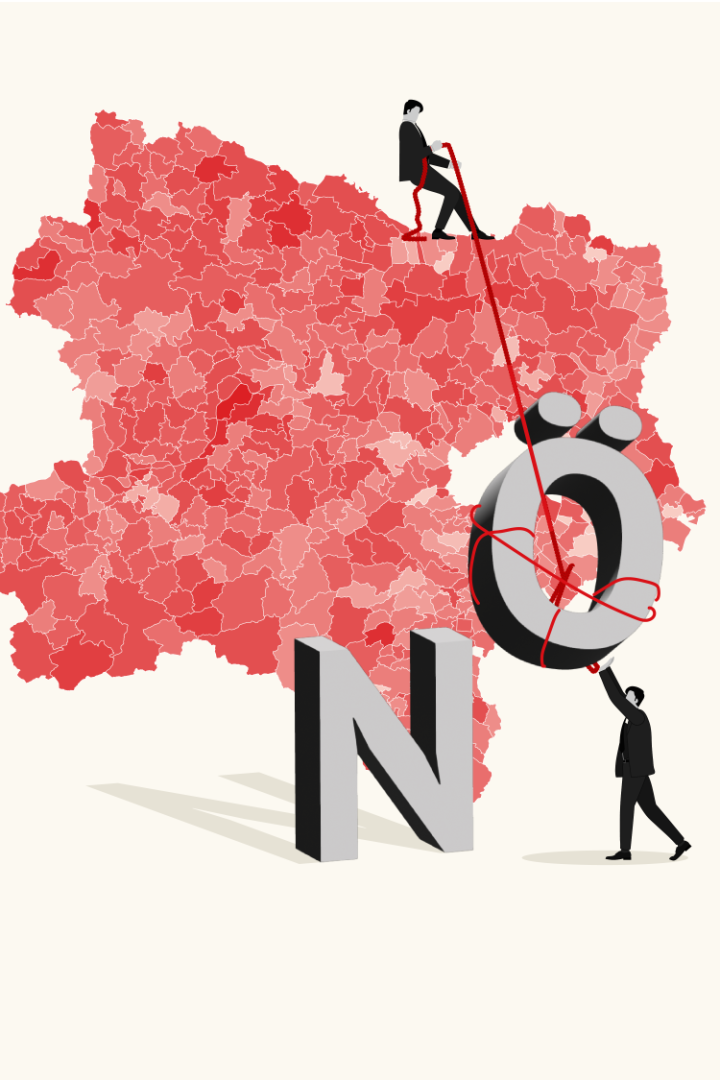 Illustration einer rot eingefärbten Karte von Niederösterreich mit zwei stilisierten Personen und den Buchstaben NÖ.
