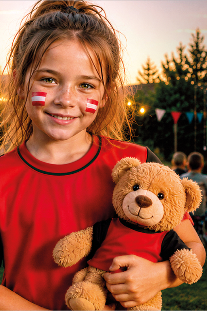 Ein Mädchen mit aufgemalter Österreichfahne im Gesicht hält einen Teddybären, im Hintergrund ist das Public Viewing eines Fußballspiels zu sehen mit Gartenstühlen und Videowall