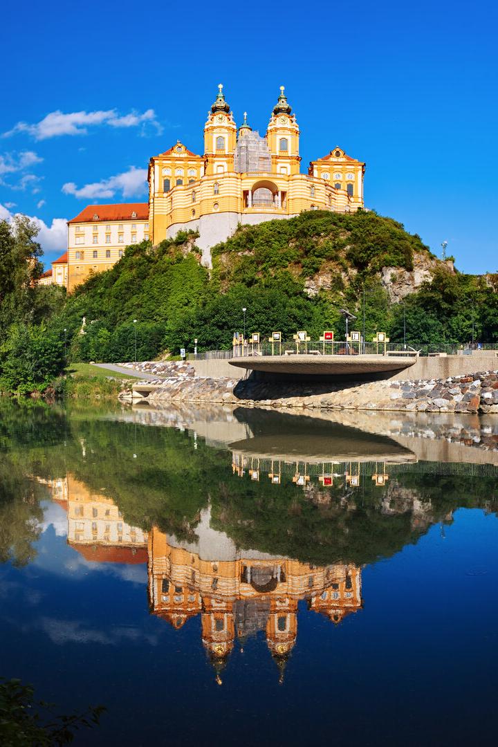 Panorama of the famous St. Peter and Paul Church in Melk Benedictine Abbey, Wachau Valley, Lower Austria