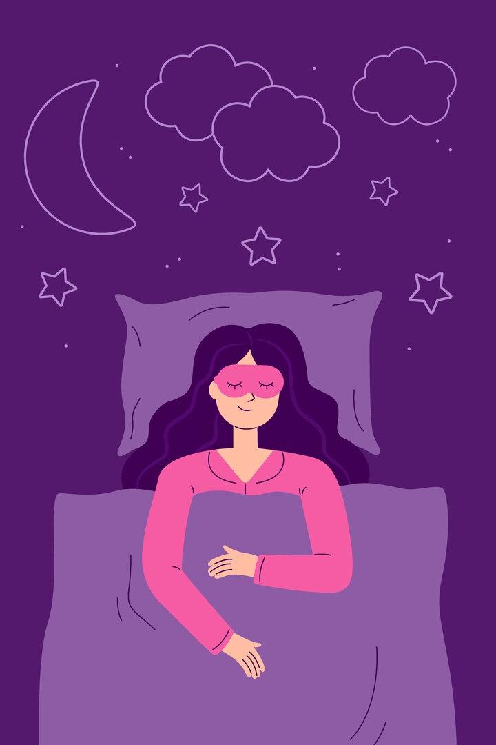 A young woman is sleeping in a bed with a sleep mask and dreams. Vector illustration in a cartoon flat style.