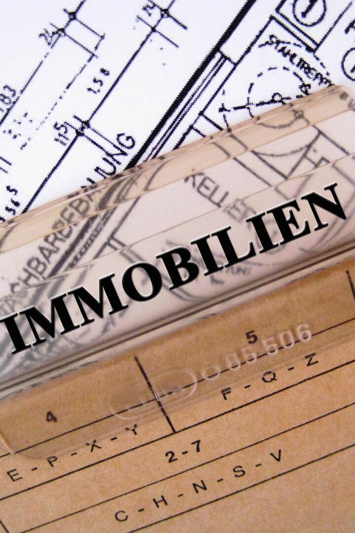 Eine Mappe, beschriftet mit dem Wort "Immobilien", in der Pläne und Grundrisse gesammelt wurden. 