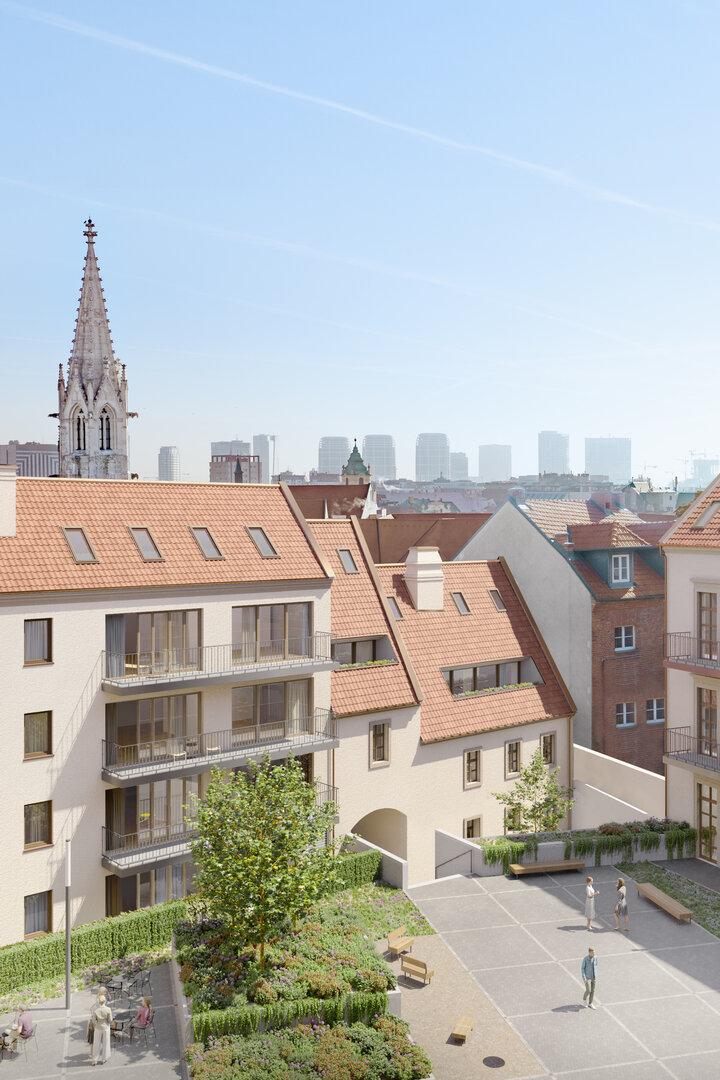 Wohnen und Arbeiten im historischen Stadtpalais Esterhazy in Bratislava. Herzstück ist der ruhige Innenhof.