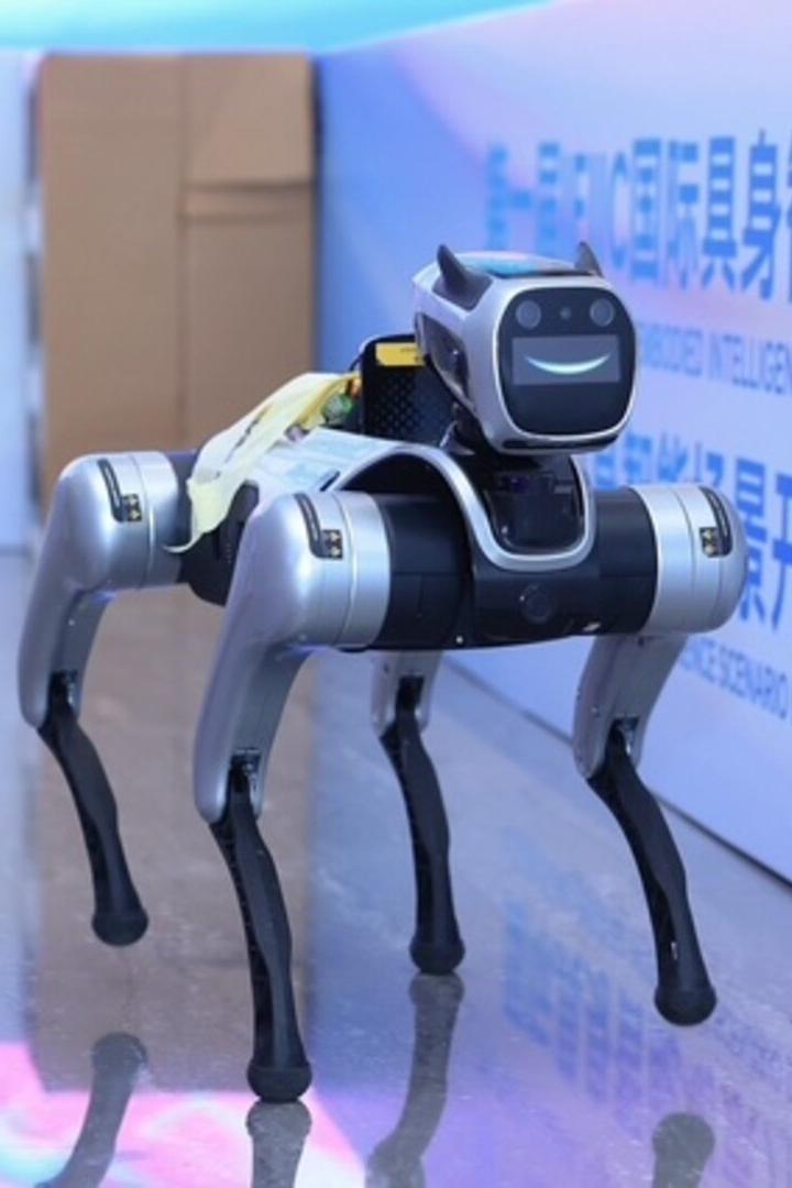 Vierbeiniger Roboterhund auf glänzendem Boden vor einer Wand mit chinesischer Beschriftung.