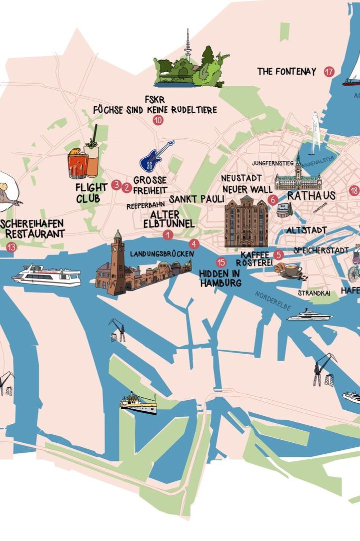 Eine Stadtkarte mit Sightseeingtipps in Hamburg