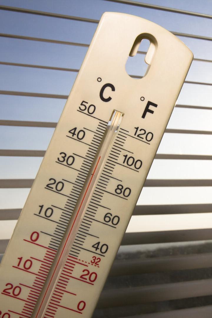 Thermometer vor Jalousien zeigt sonnig-warme Außentemperatur an.
