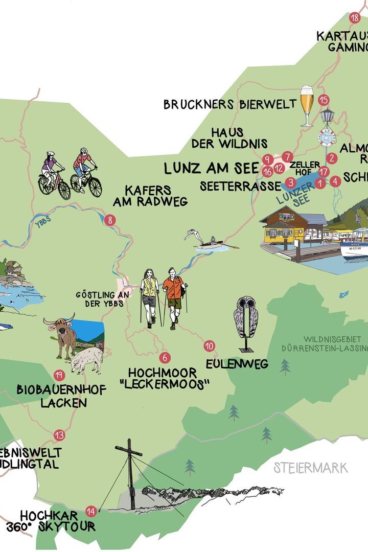 Eine illustrierte Karte zeigt Ausflugsziele wie Lunz am See, Göstling an der Ybbs, das Hochkar und das Wildnisgebiet Dürrenstein-Lassingtal.
