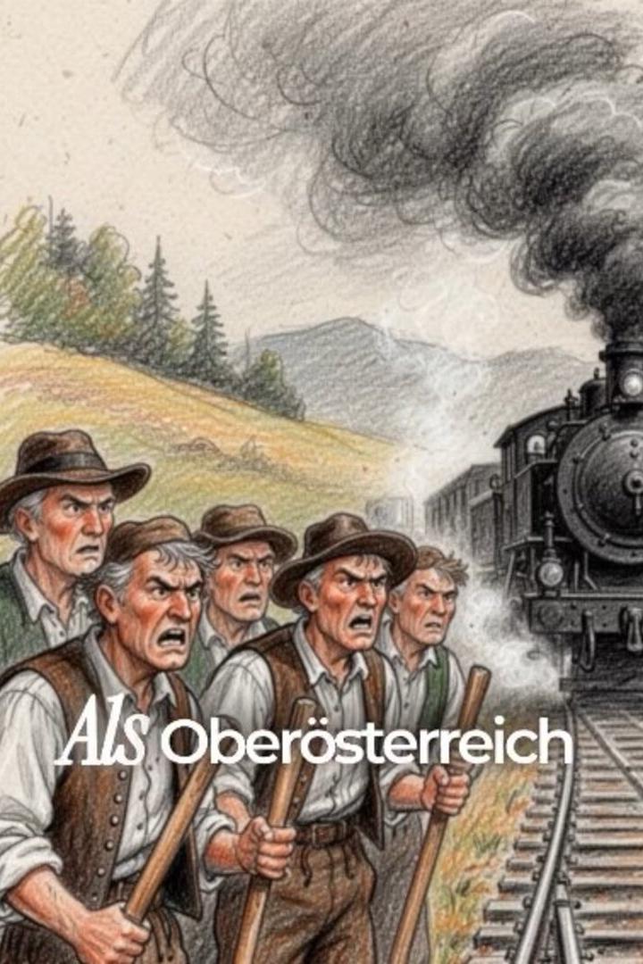 Männer in Tracht protestieren mit Stöcken vor einer dampfenden Lokomotive; der Schriftzug „Als Oberösterreich“ ist zu sehen.