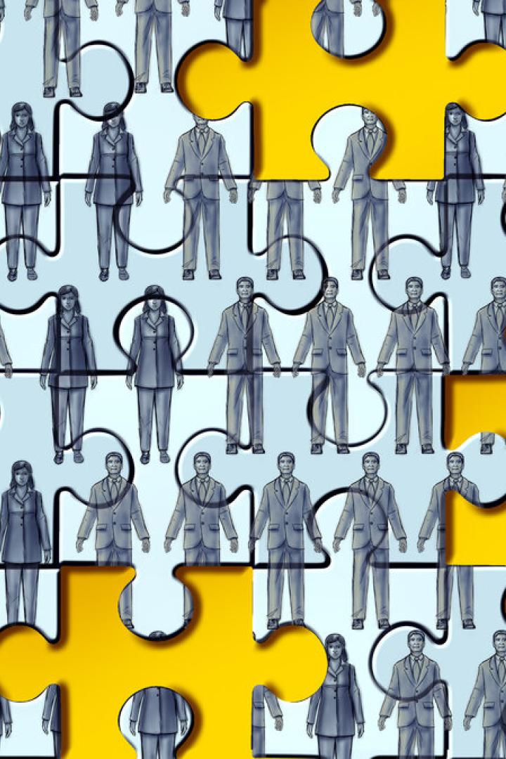 Zahlreiche gezeichnete Geschäftsleute als Puzzle-Teile auf hellem Hintergrund, einige gelbe Teile sind hervorgehoben.