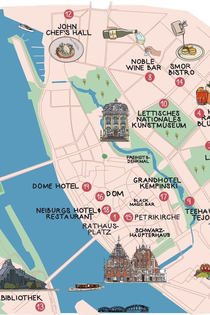 Illustrierte Stadtkarte von Riga mit markierten Sehenswürdigkeiten, Fluss Dūna und vielen Restaurants, Hotels und Museen.