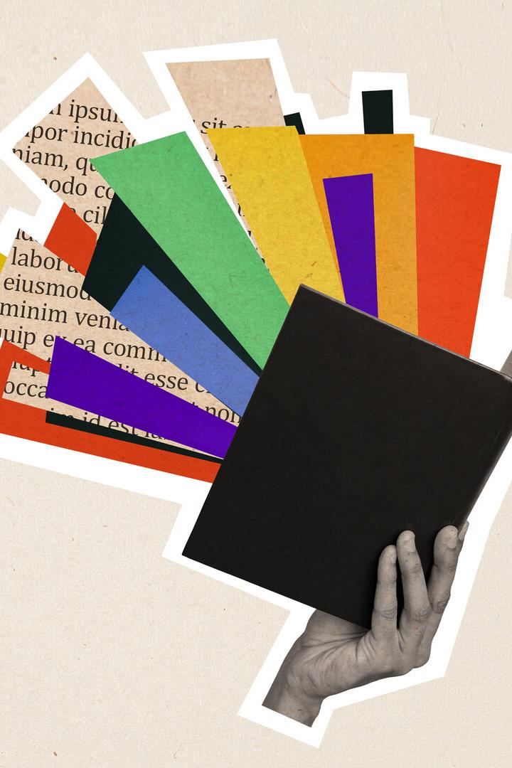 Composite trend artwork sketch image 3d photo collage of huge black white silhouette hand hold book immerse yourself in new world fantasy imagination inspiration