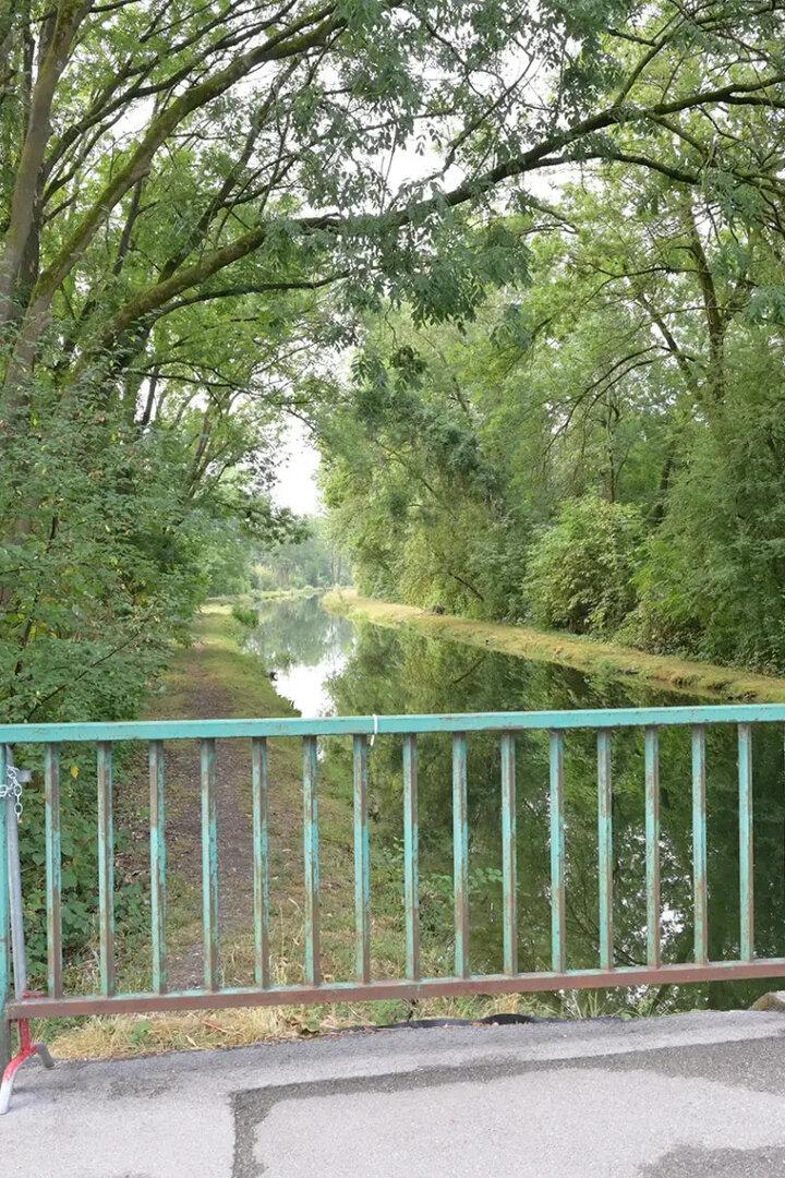 Bewaldeter Kanal hinter einer gesperrten Brücke mit Fußgängerverbotsschild.