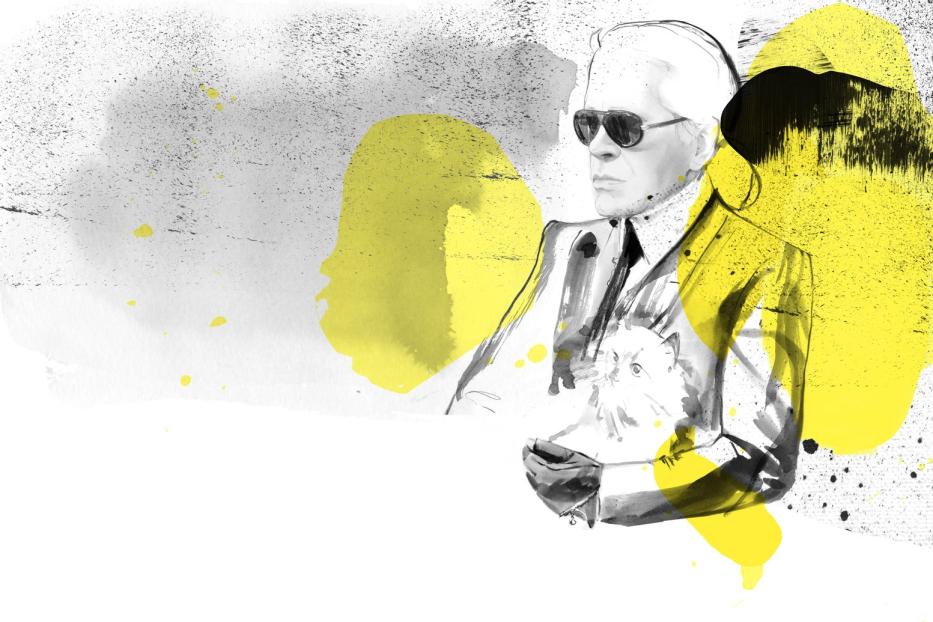 Eine stilisierte Illustration von Karl Lagerfeld mit seiner Katze Choupette.