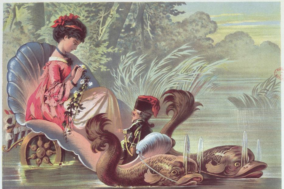 Eine Frau sitzt in einer Muschelkutsche, gezogen von einem Mann auf Fischfiguren, inspiriert von „Nussknacker und Mausekönig“.