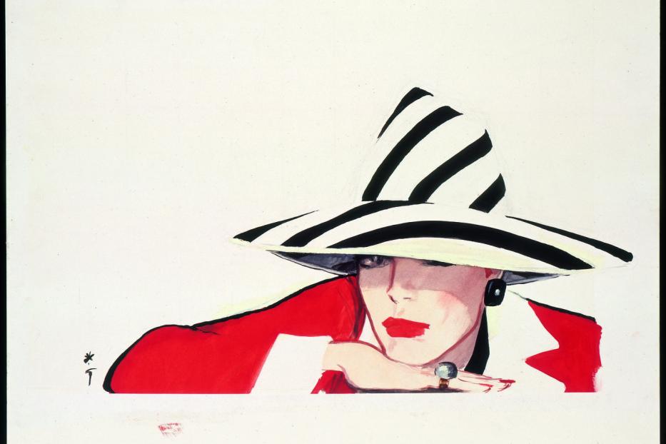 Illustration einer Frau mit einem gestreiften Hut, rotem Blazer und roten Lippen.