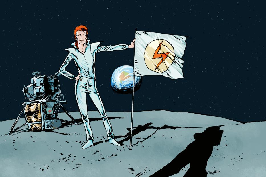 Ein stilisierter David Bowie steht auf dem Mond mit einer Flagge und der Erde im Hintergrund.