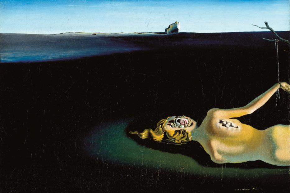 Das Gemälde „Zerfallende Venus mit Schubladen“ von Salvador Dalí zeigt eine liegende, fragmentierte weibliche Figur in einer surrealen Landschaft.