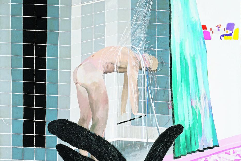 Ein Gemälde zeigt eine Person, die unter einer Dusche steht.