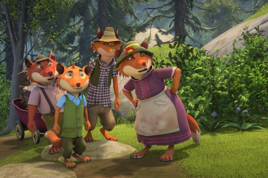 Eine Gruppe anthropomorpher Füchse steht in einer Waldlichtung.