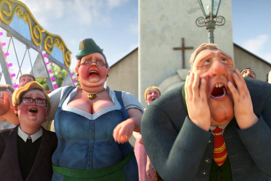 Eine Gruppe von Menschen blickt mit entsetzten Gesichtern in den Himmel.