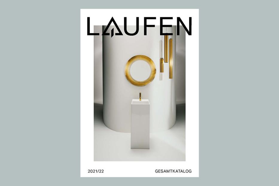 Das Cover des „Laufen“-Gesamtkatalogs 2021/22 mit einem Waschbecken, einem Spiegel und goldenen Akzenten.