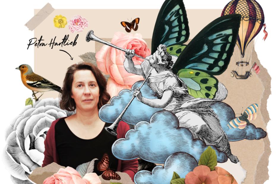 Ein Porträt von Petra Hartlieb, umgeben von Blumen, Schmetterlingen und einer geflügelten Figur auf Wolken.