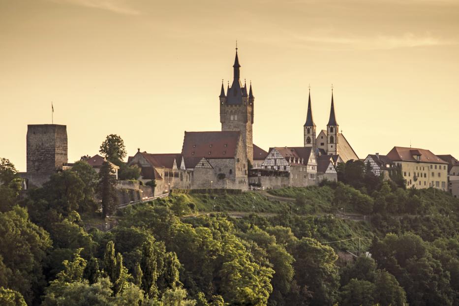Blick auf eine mittelalterliche Stadt mit Burg und Kirche auf einem Hügel.