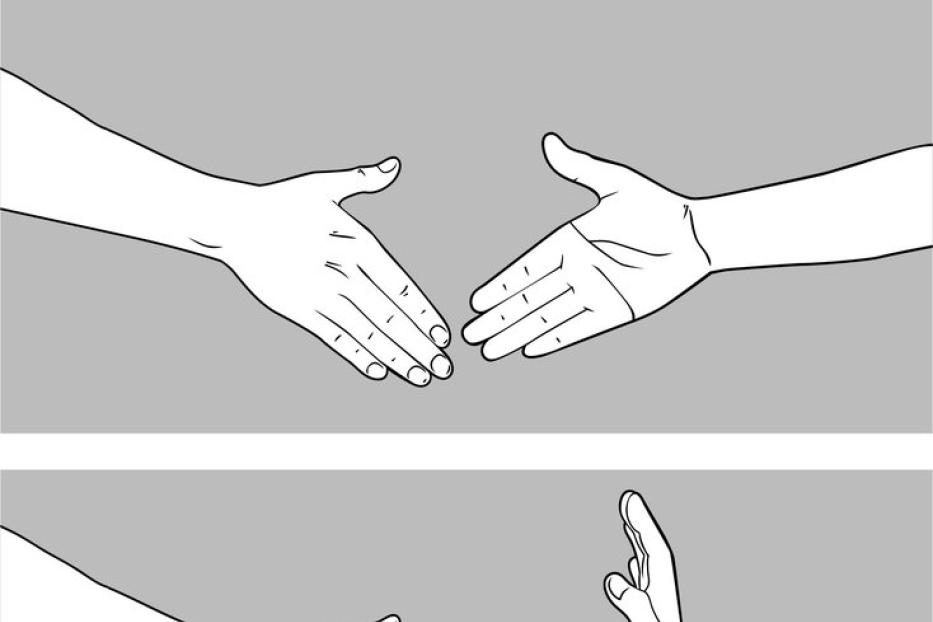 Eine Illustration von Händen, die sich entweder begrüßen oder abweisen.