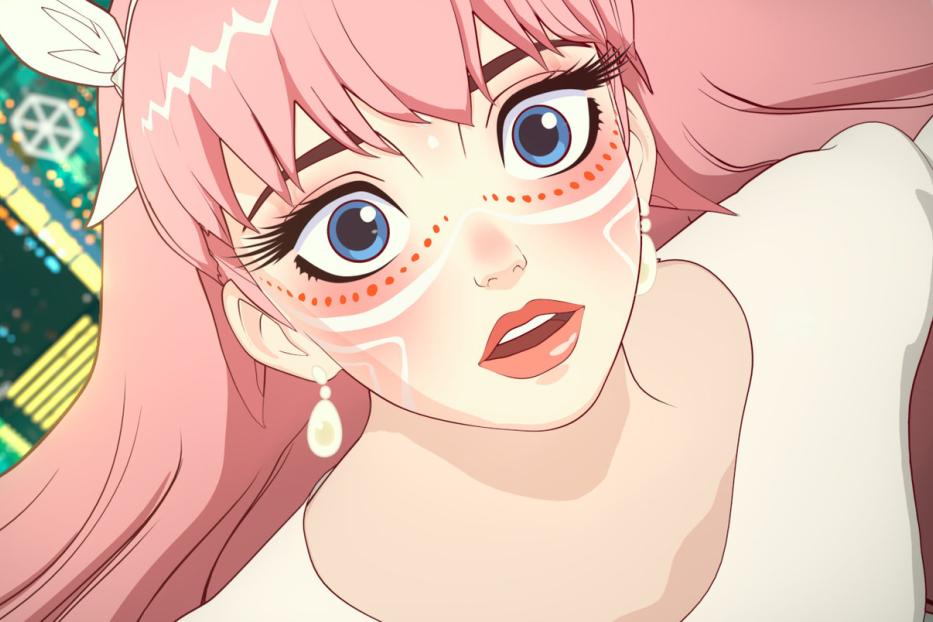 Nahaufnahme einer Anime-Frau mit rosa Haaren und Gesichtsbemalung vor einem futuristischen Hintergrund.