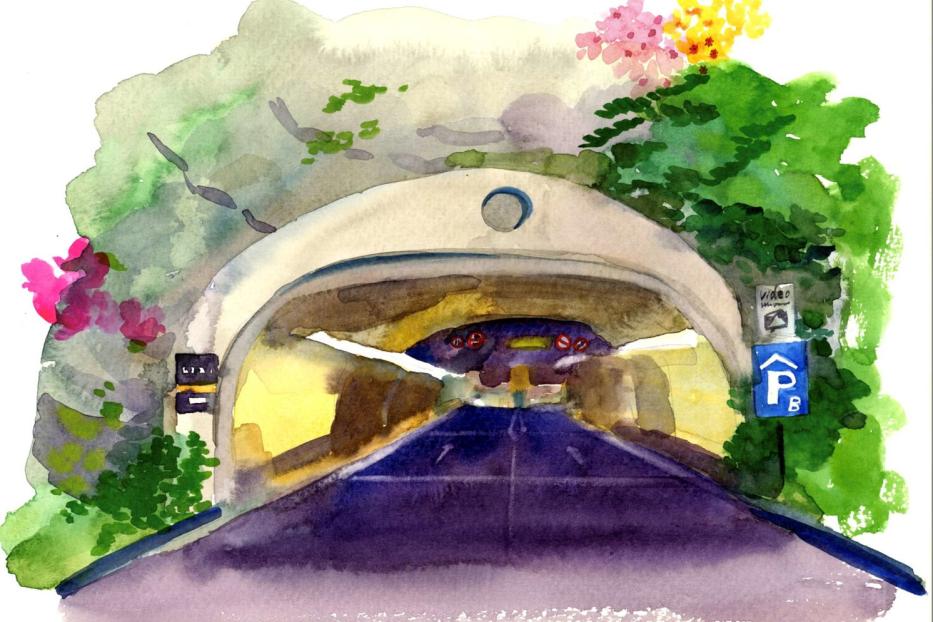 Aquarellmalerei einer Tunneleinfahrt mit üppiger Vegetation und einem Auto im Inneren.