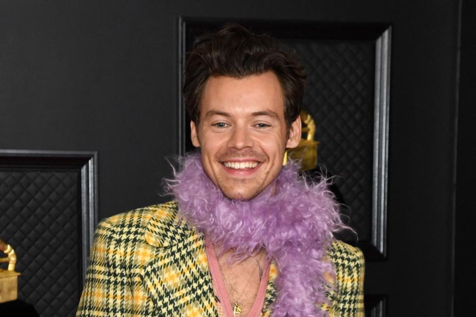 Harry Styles in einem gelb-karierten Sakko und einer lila Federboa lächelt.