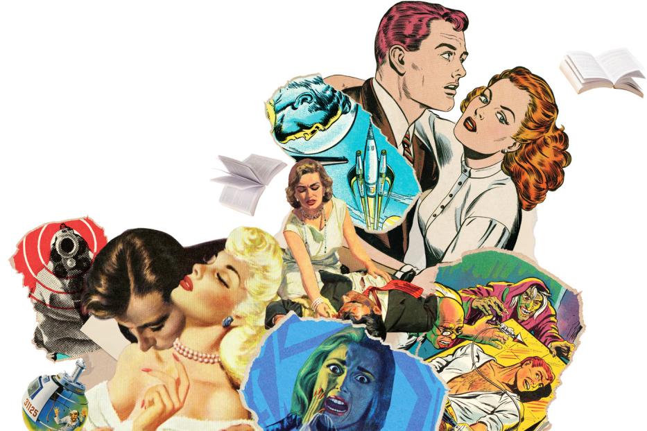 Eine Collage aus verschiedenen Pulp-Fiction-Covern mit Motiven aus Liebe, Horror und Science-Fiction.