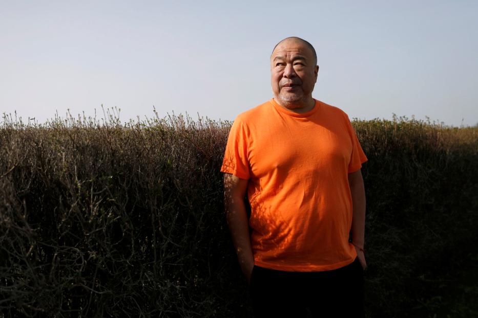 Ein Mann mit orangefarbenem T-Shirt steht vor einer Hecke.