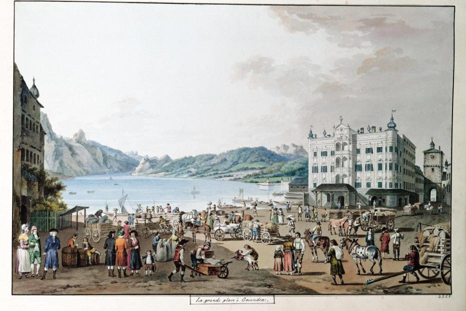 Eine historische Darstellung des Marktplatzes in Gmunden am Traunsee.