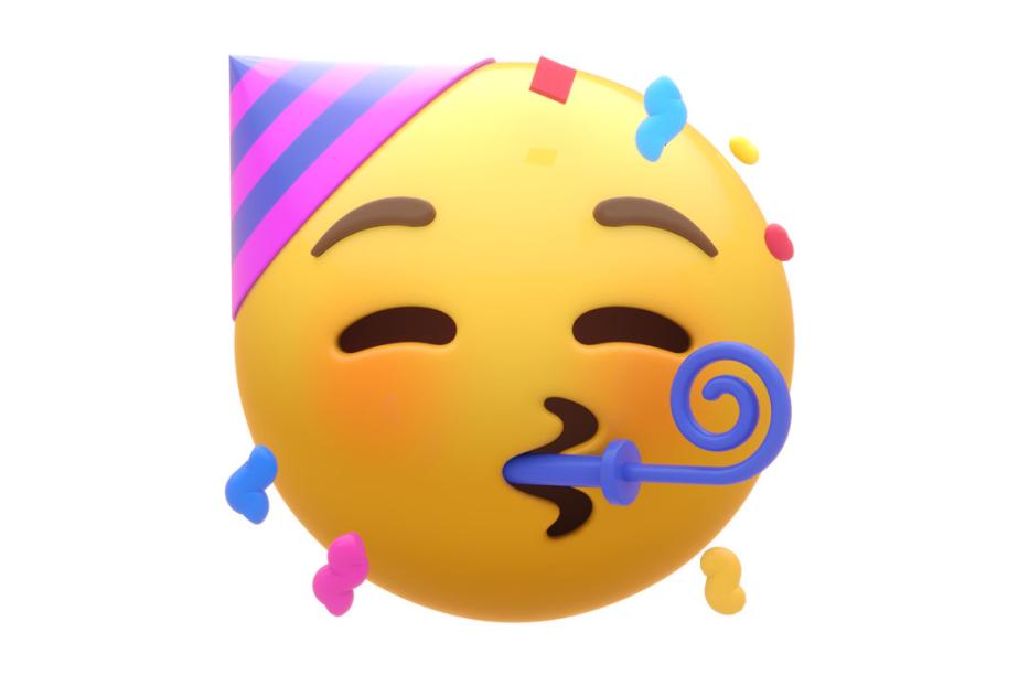 Ein gelbes Emoji mit Partyhut und Tröte, umgeben von Konfetti.
