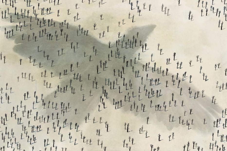 Eine stilisierte Darstellung einer Landschaft mit vielen kleinen Bäumen und einem Schatten.