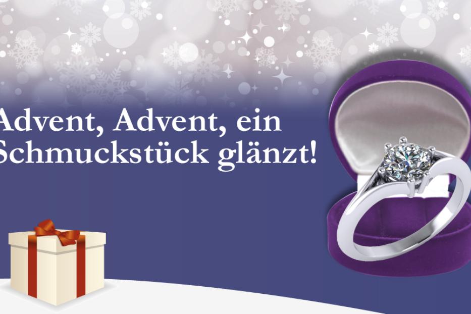 Ein Diamantring in einer lila Schmuckschatulle vor weihnachtlichem Hintergrund.
