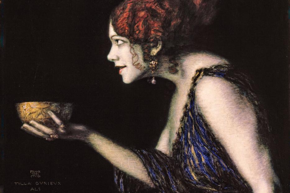 Das Gemälde zeigt Tilla Durieux als Circe, die eine goldene Schale in der Hand hält.