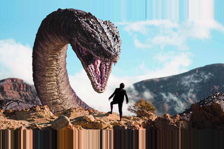 Ein Mann steht vor einem riesigen, aufgerichteten Drachen in einer felsigen Landschaft.